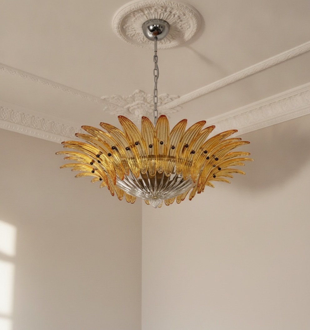 Handblown Murano Palmette Chandelier – 36 Palmette Glass under an ornate ceiling rose