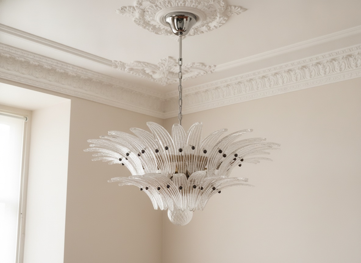 Handblown Murano Palmette Chandelier – 58 Palmette Glass under an ornate ceiling rose