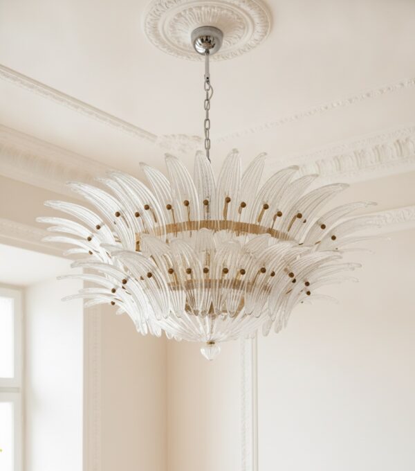 Handblown Murano Palmette Chandelier – 82 Palmette Glass under an ornate ceiling rose