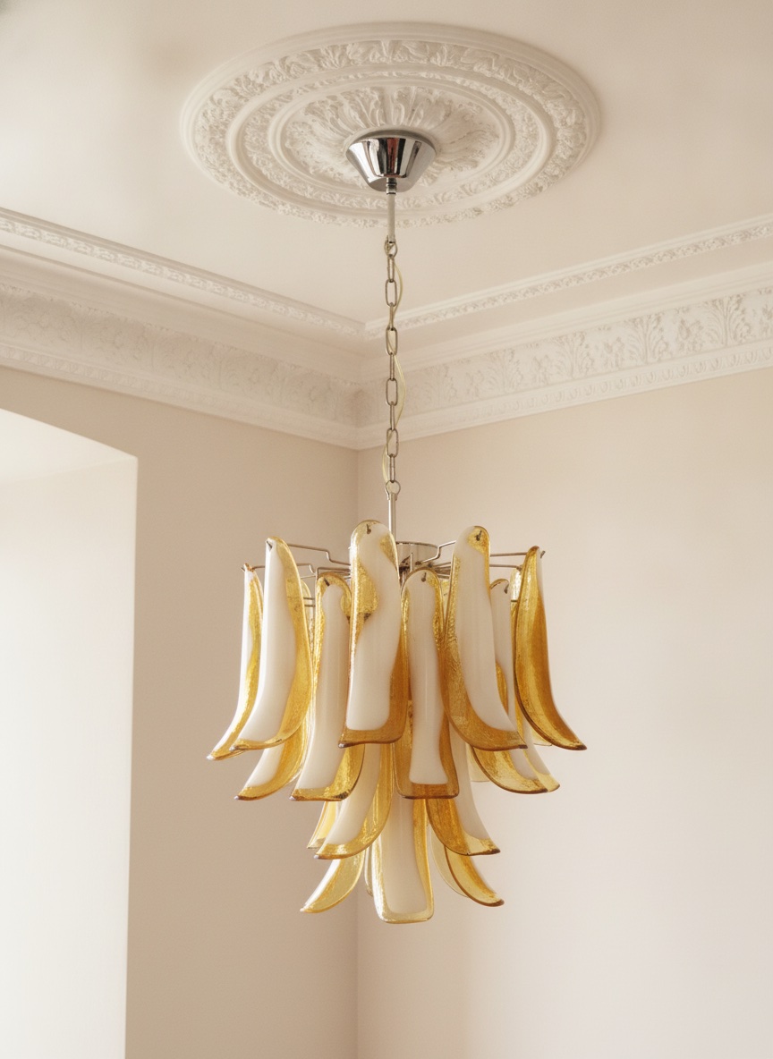Handblown Murano Petal Chandelier – 26 Glass Petals under an ornate ceiling rose