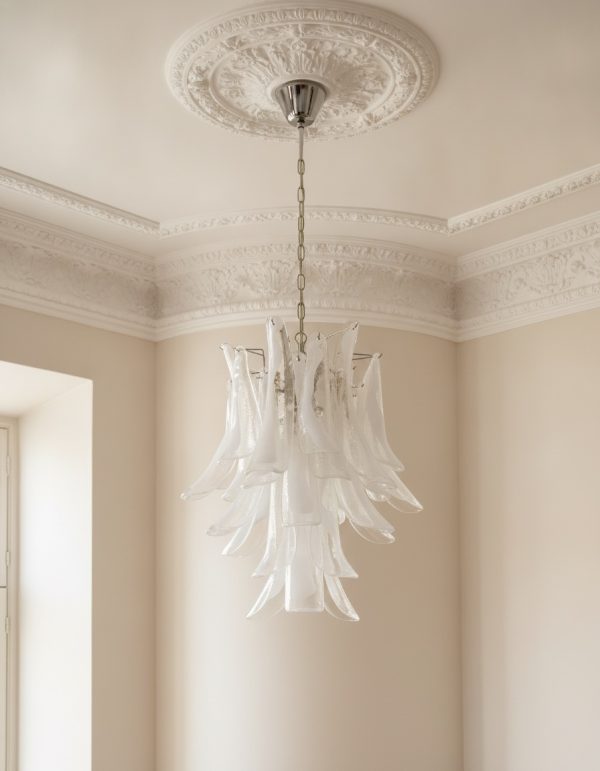 Handblown Murano Petal Chandelier – 30 Glass Petals under an ornate ceiling rose