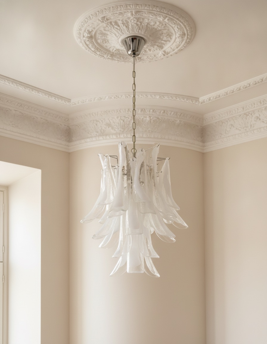 Handblown Murano Petal Chandelier – 30 Glass Petals under an ornate ceiling rose