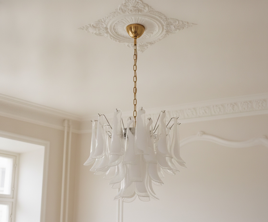 Handblown Murano Petal Chandelier – 36 Glass Petals with matte gold chain and canopy