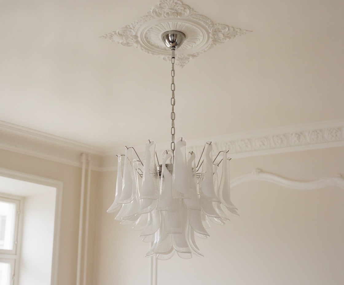 Handblown Murano Petal Chandelier – 36 Glass Petals under an ornate ceiling rose