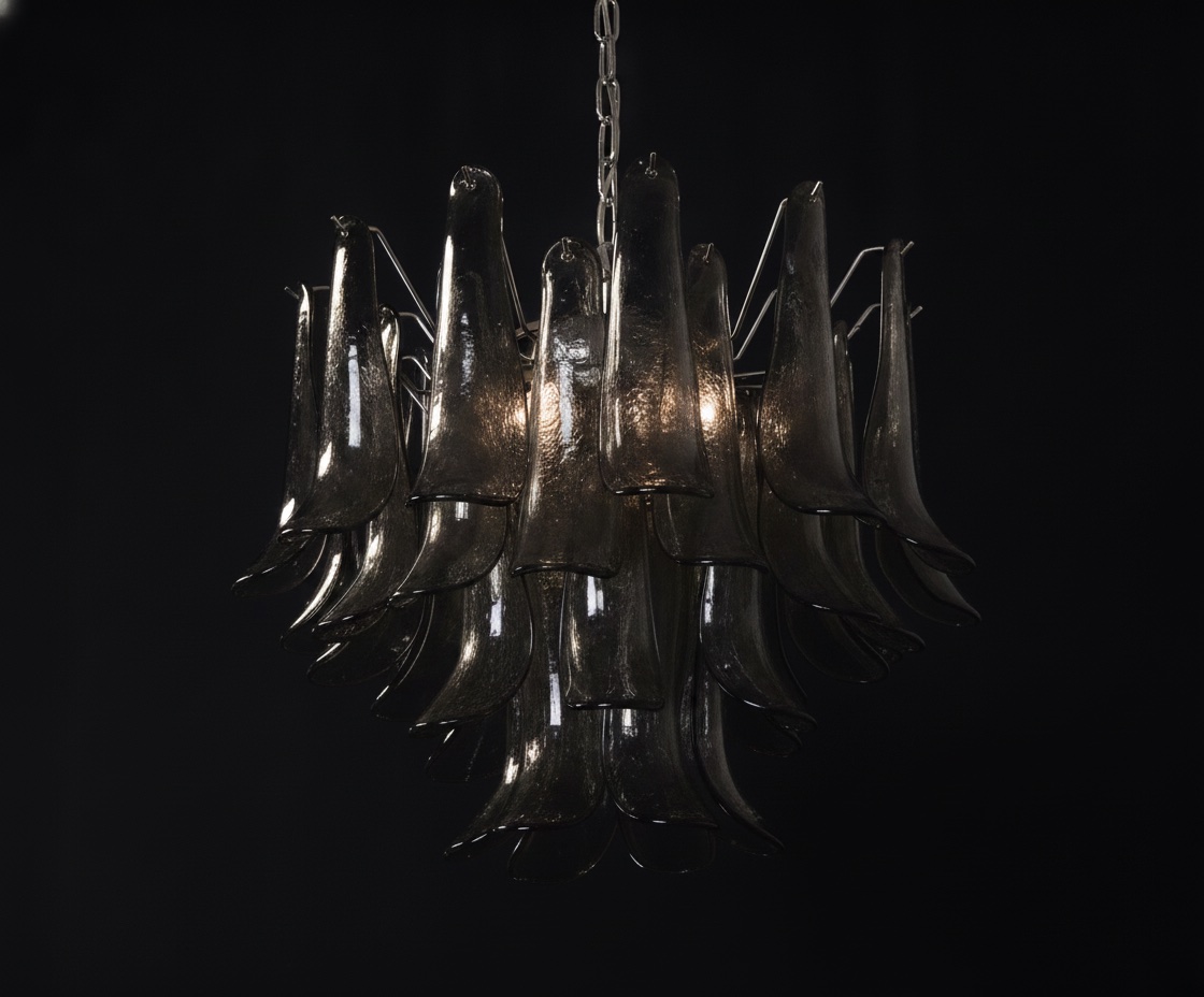 Handblown Murano Petal Chandelier – 36 Glass Petals in smoked glass