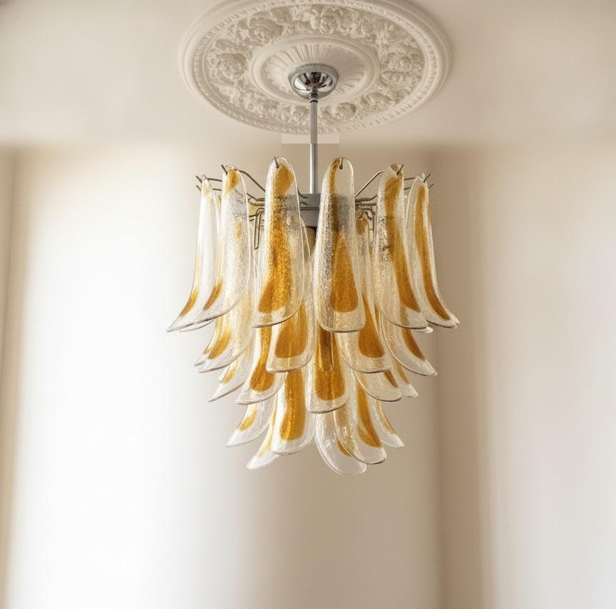 Handblown Murano Petal Chandelier – 41 Glass Petals under an ornate ceiling rose