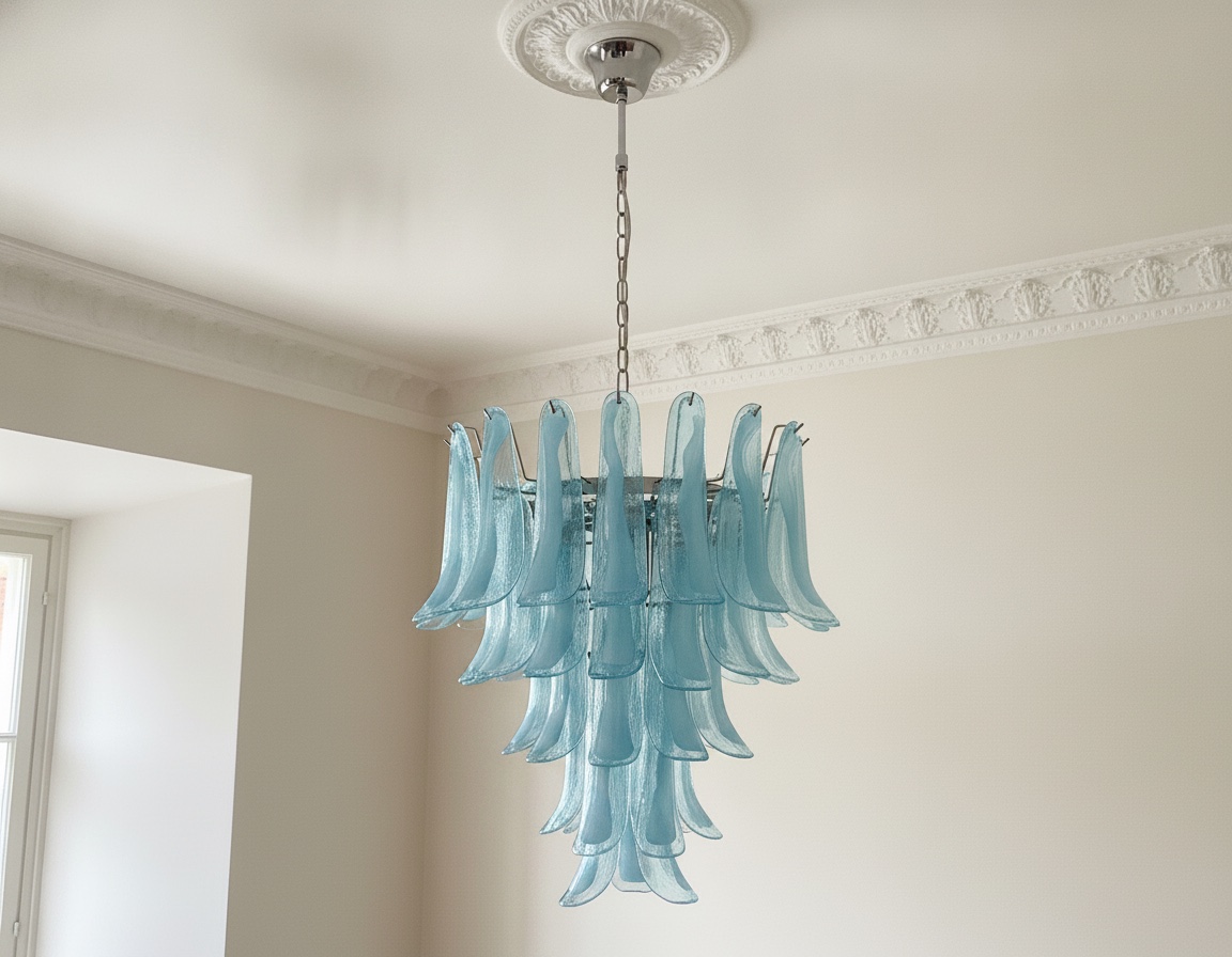 Handblown Murano Petal Chandelier – 52 Glass Petals in blue glass