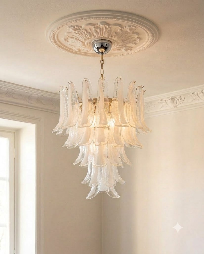 Handblown Murano Petal Chandelier – 52 Glass Petals under an ornate ceiling rose