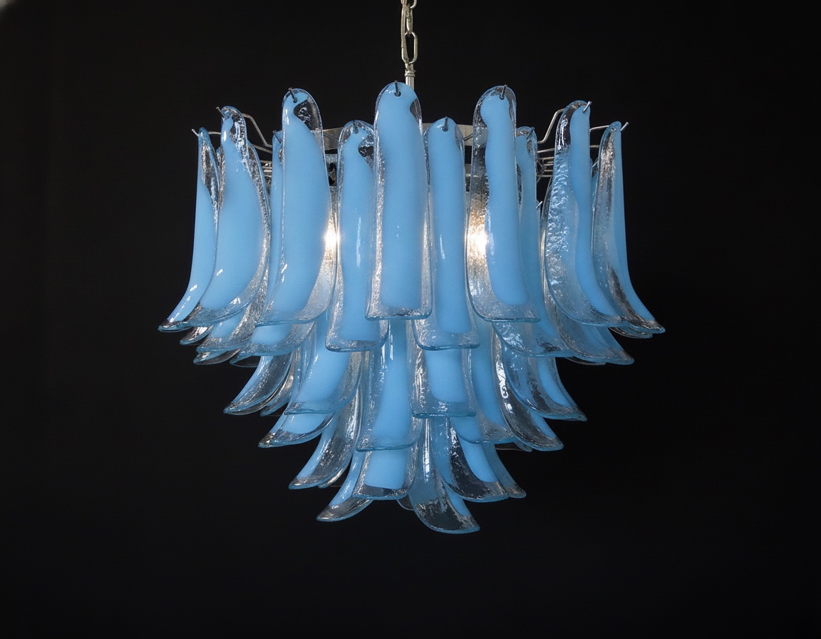 Handblown Murano Petal Chandelier – 53 Glass Petals in blue glass