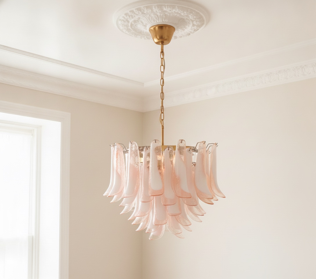 Handblown Murano Petal Chandelier – 53 Glass Petals with matte gold chain and canopy
