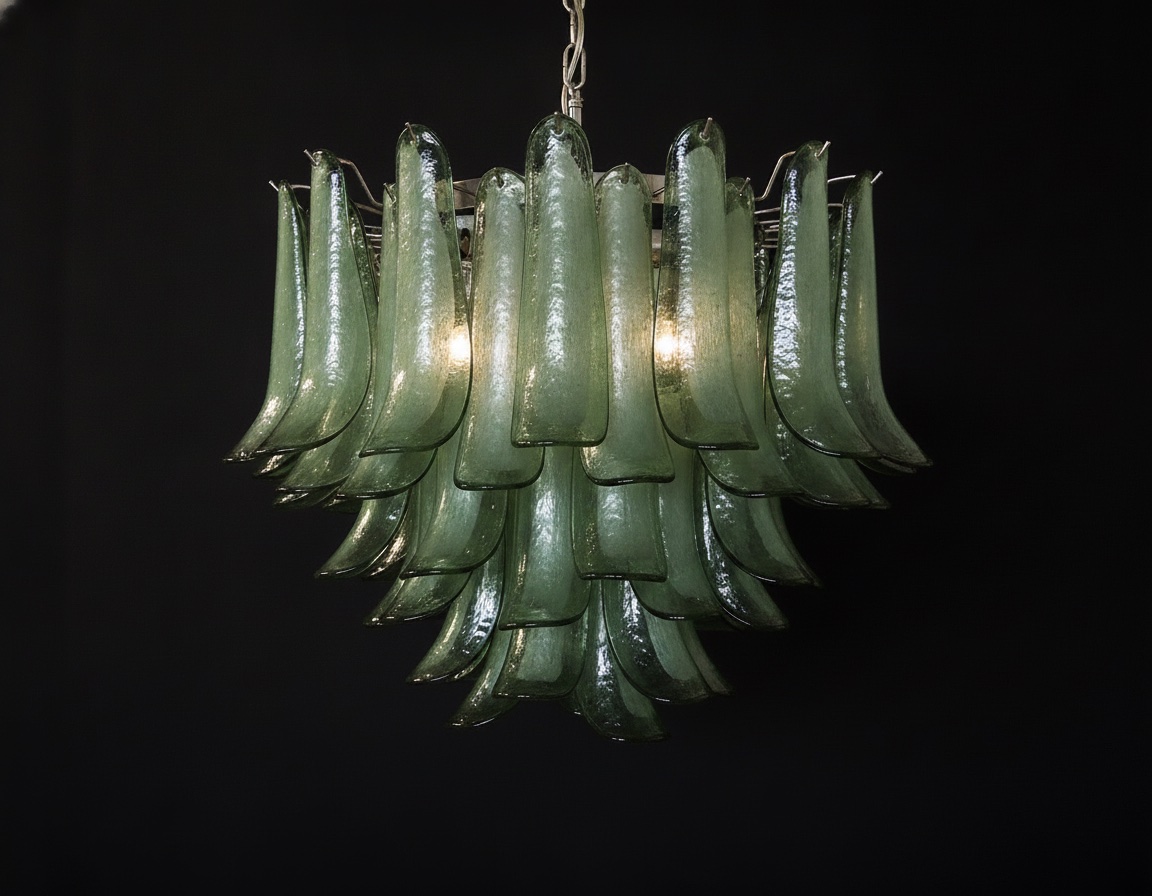 Handblown Murano Petal Chandelier – 53 Glass Petals in green glass