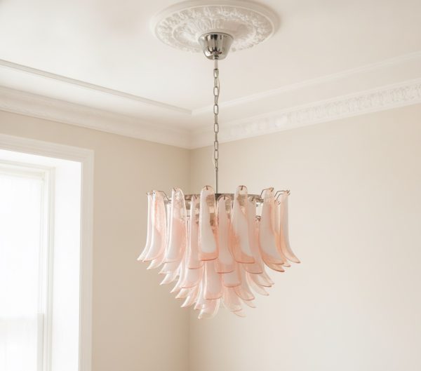 Handblown Murano Petal Chandelier – 53 Glass Petals under an ornate ceiling rose