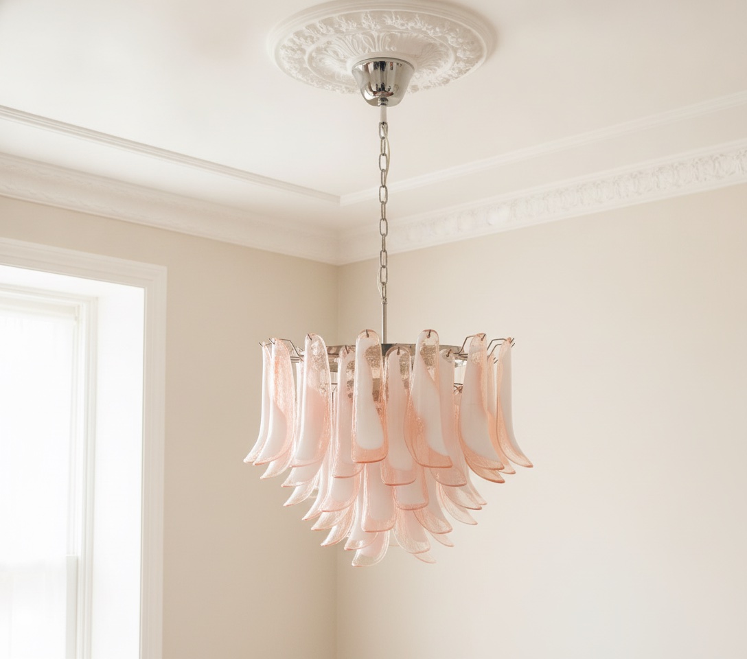 Handblown Murano Petal Chandelier – 53 Glass Petals under an ornate ceiling rose