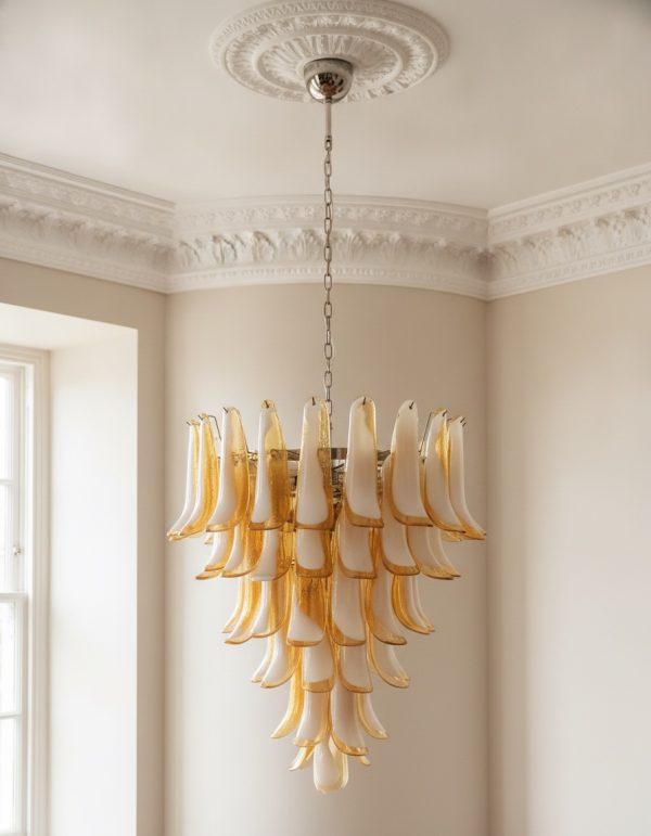 Handblown Murano Petal Chandelier – 75 Glass Petals under an ornate ceiling rose