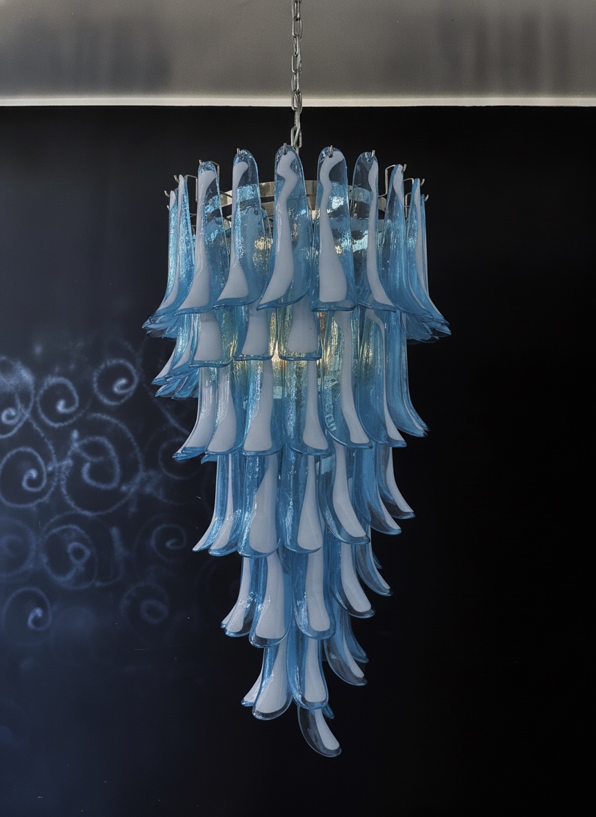 Handblown Murano Petal Chandelier – 83 Glass Petals in blue glass