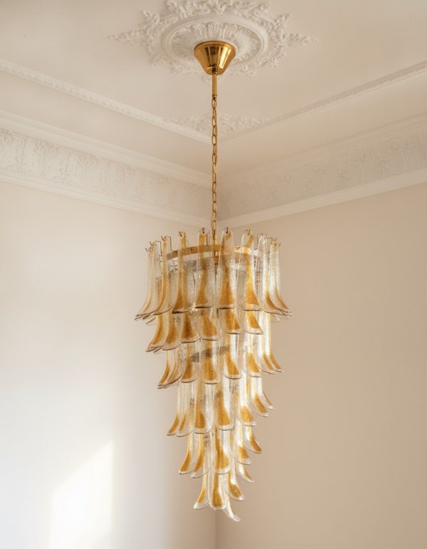 Handblown Murano Petal Chandelier – 83 Glass Petals with matte gold chain and canopy