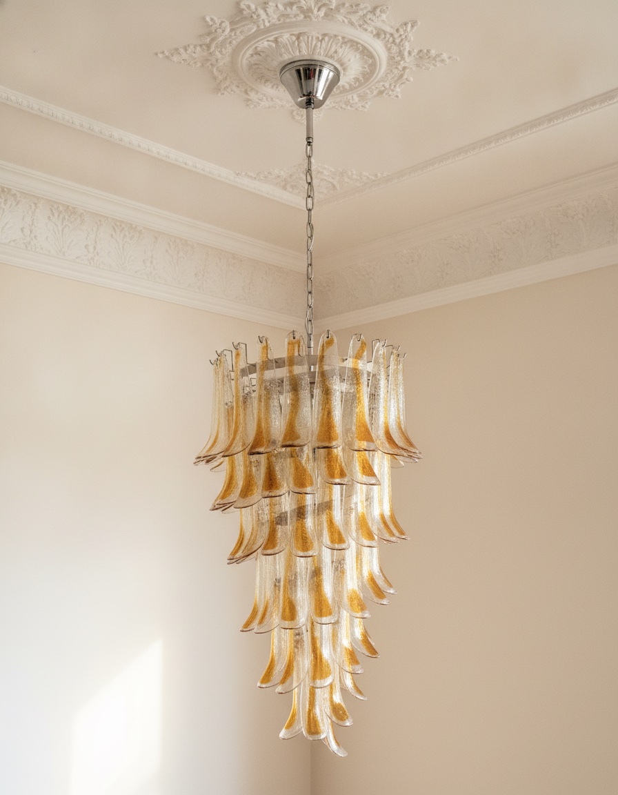 Handblown Murano Petal Chandelier – 83 Glass Petals under an ornate ceiling rose