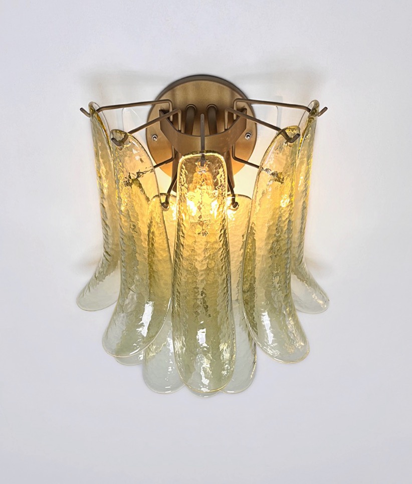 Handblown Murano Petal Wall Sconce – 10 Glass Petals – Set of 2 in green glass