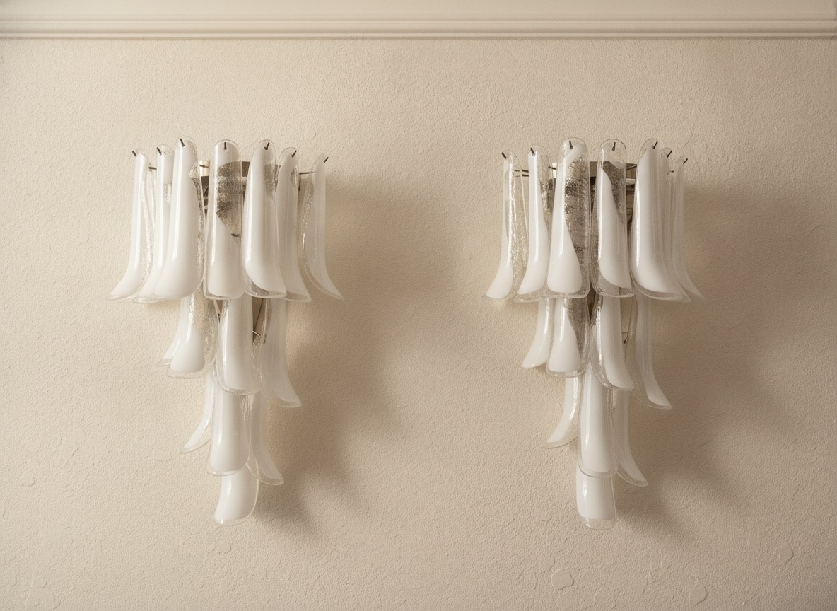 Handblown Murano Petal Wall Sconce – 16 Glass Petals – Set of 2 mounted on the wall