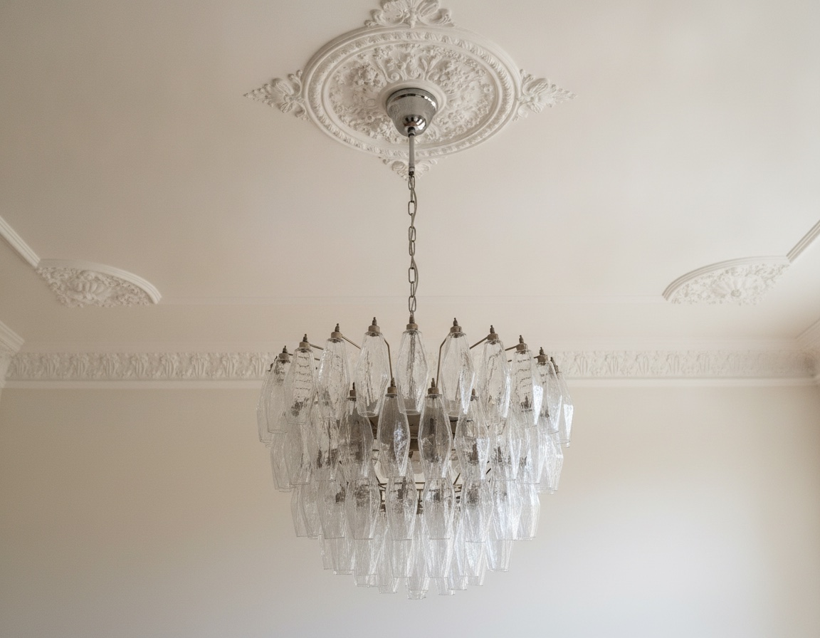 Handblown Murano poliedri chandelier, 107 transparent glasses