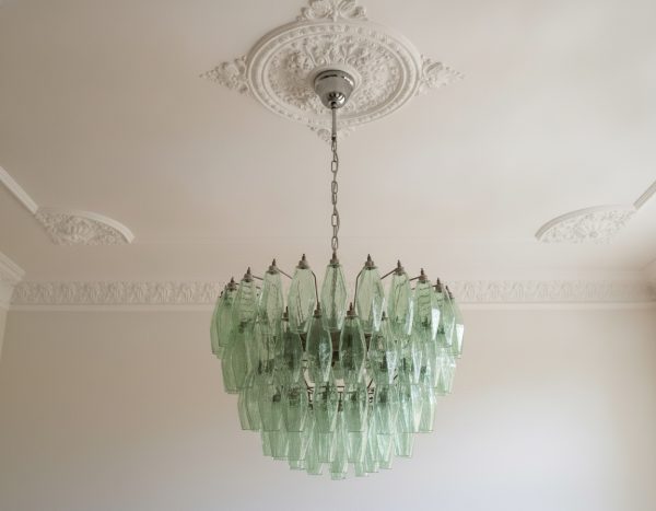 Handblown Murano poliedri chandelier, 107 green glasses