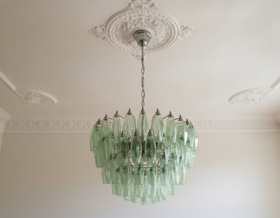 Handblown Murano poliedri chandelier, 107 green glasses