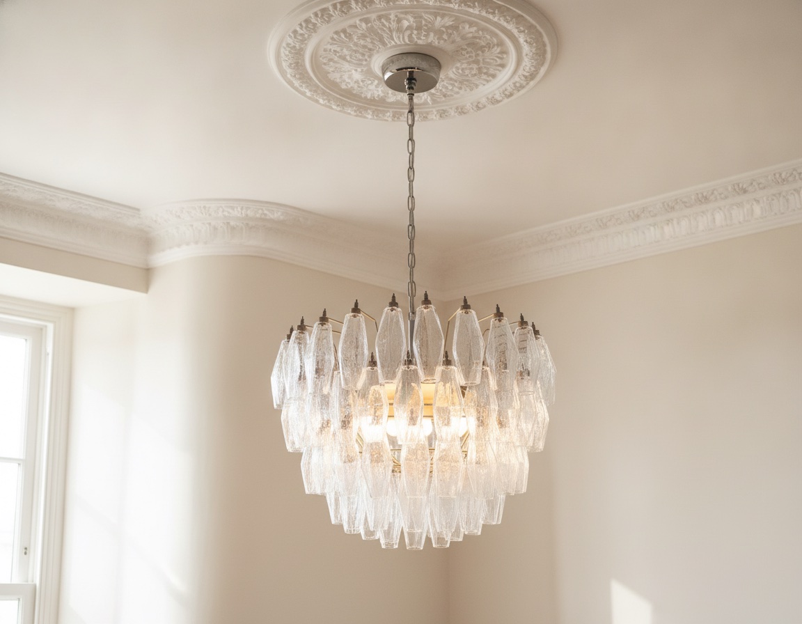 Handblown Murano Poliedri Chandelier – 111 Poliedri Glass under an ornate ceiling rose