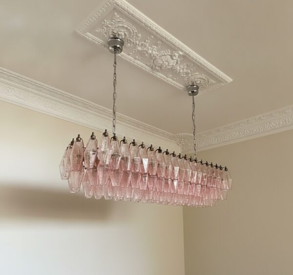 Handblown Murano Poliedri Chandelier – 138 Poliedri Glass under an ornate ceiling rose