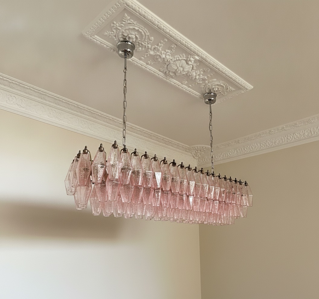 Handblown Murano Poliedri Chandelier – 138 Poliedri Glass under an ornate ceiling rose