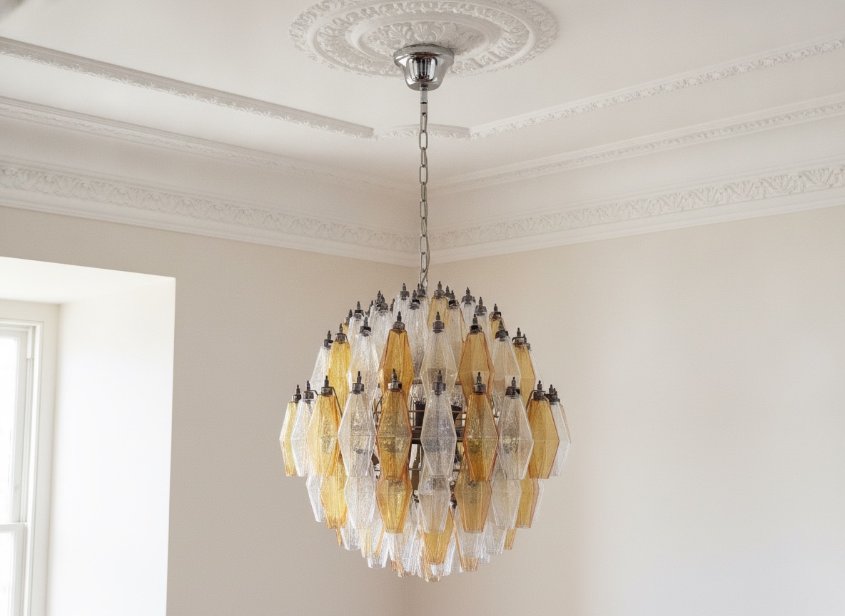 Handblown Murano Poliedri Chandelier – 140 Poliedri Glass under an ornate ceiling rose