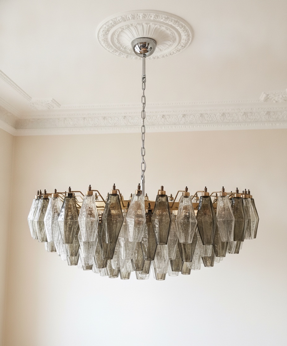 Handblown Murano Poliedri Chandelier – 185 Poliedri Glass in smoked glass