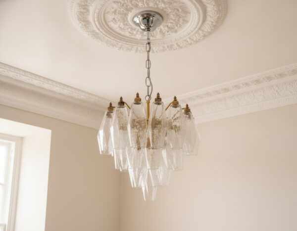 Handblown Murano Poliedri Chandelier – 32 Poliedri Glass under an ornate ceiling rose