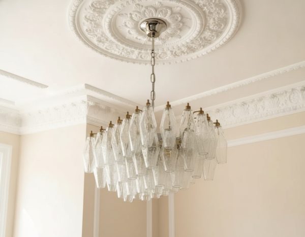 Handblown Murano Poliedri Chandelier – 56 Poliedri Glass under an ornate ceiling rose