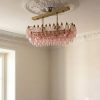 Handblown Murano Poliedri Chandelier – 84 Poliedri Glass under an ornate ceiling rose