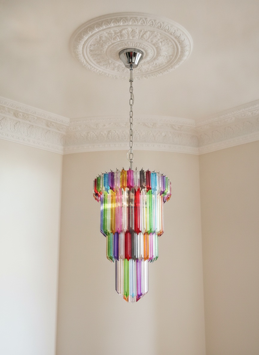 Handblown Murano Quadriedri Chandelier – 111 Quadriedri Glass under an ornate ceiling rose