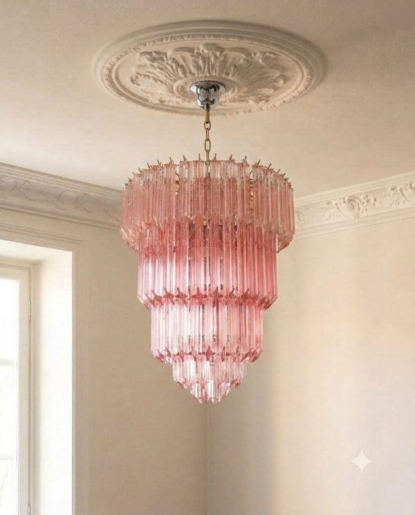 Handblown Murano Quadriedri Chandelier – 112 Quadriedri Glass under an ornate ceiling rose