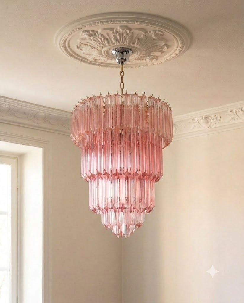 Handblown Murano Quadriedri Chandelier – 112 Quadriedri Glass under an ornate ceiling rose