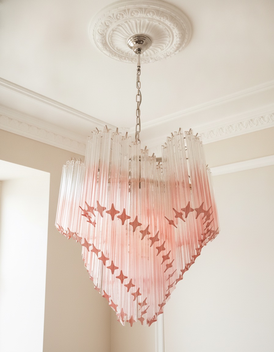 Handblown Murano Quadriedri Chandelier – 114 Quadriedri Glass under an ornate ceiling rose