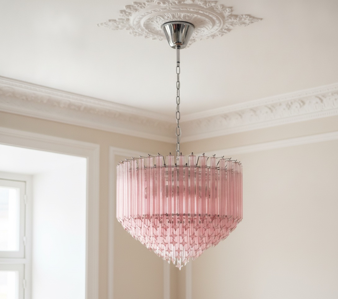 Handblown Murano Quadriedri Chandelier – 163 Quadriedri Glass under an ornate ceiling rose