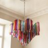 Handblown Murano Quadriedri Chandelier – 200 Quadriedri Glass under an ornate ceiling rose