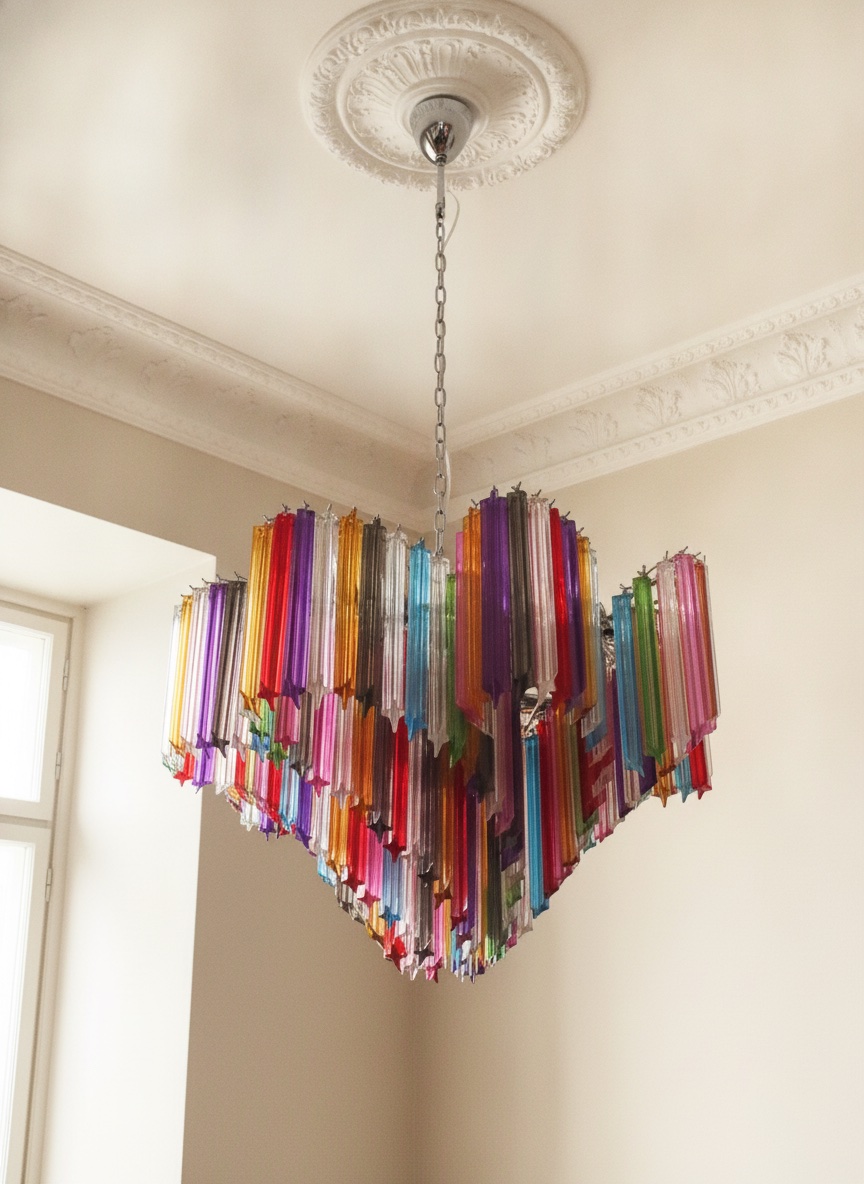 Handblown Murano Quadriedri Chandelier – 200 Quadriedri Glass under an ornate ceiling rose