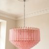 Handblown Murano Quadriedri Chandelier – 265 Quadriedri Glass under an ornate ceiling rose