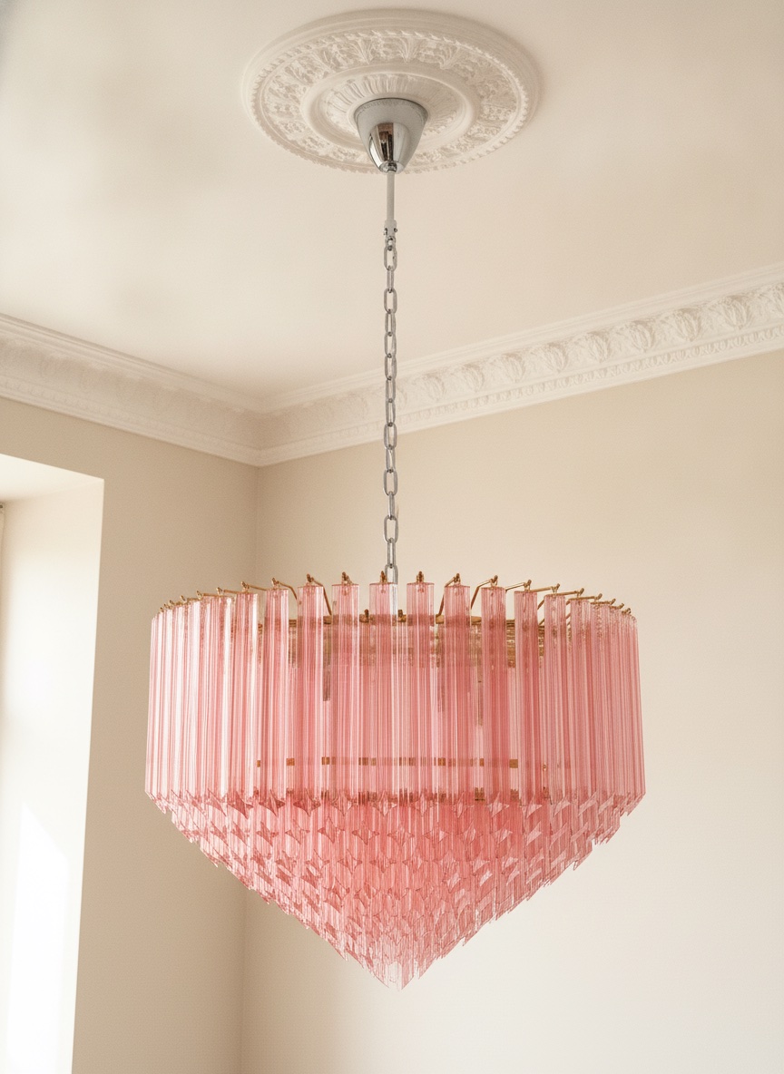 Handblown Murano Quadriedri Chandelier – 265 Quadriedri Glass under an ornate ceiling rose