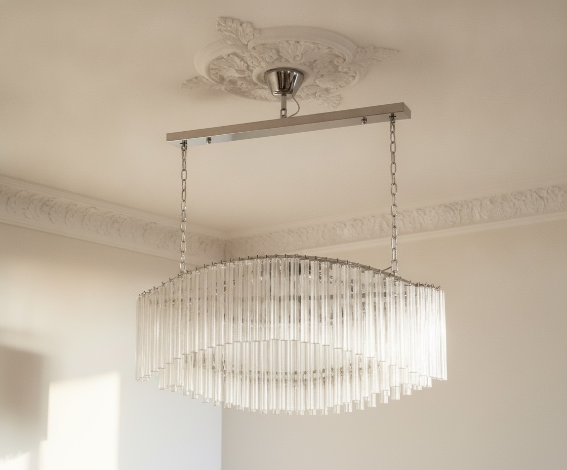 Handblown Murano Quadriedri Chandelier – 292 Quadriedri Glass under an ornate ceiling rose