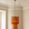Handblown Murano Quadriedri Chandelier – 46 Quadriedri Glass under an ornate ceiling rose