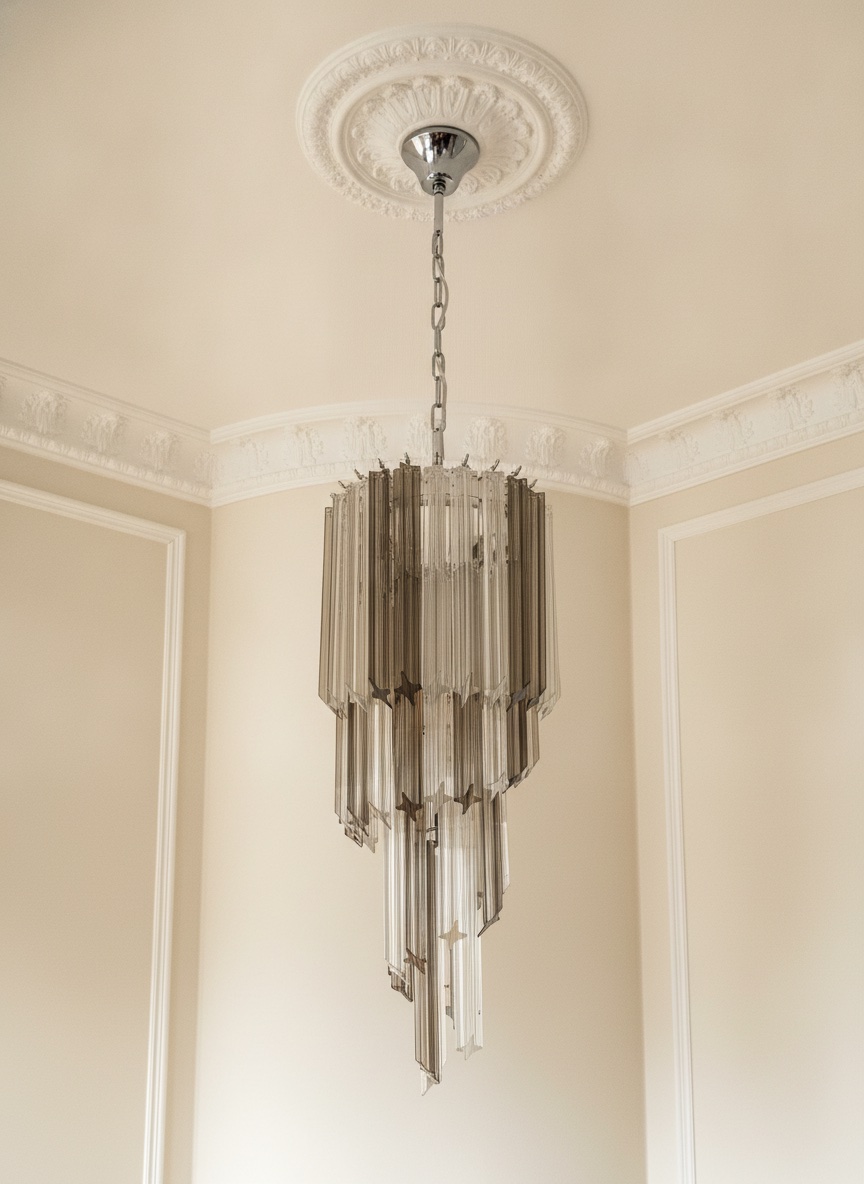 Handblown Murano Quadriedri Chandelier – 54 Quadriedri Glass under an ornate ceiling rose