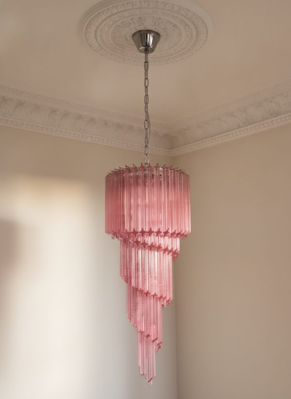 Handblown Murano Quadriedri Chandelier – 86 Quadriedri Glass under an ornate ceiling rose
