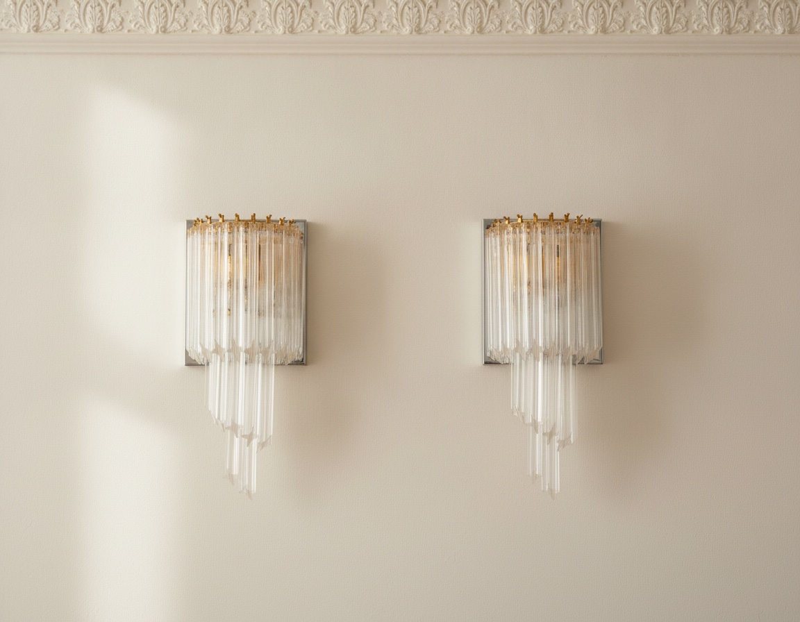 Handblown Murano Quadriedri Wall Sconce – 16 Quadriedri Glass – Set of 2 mounted on the wall