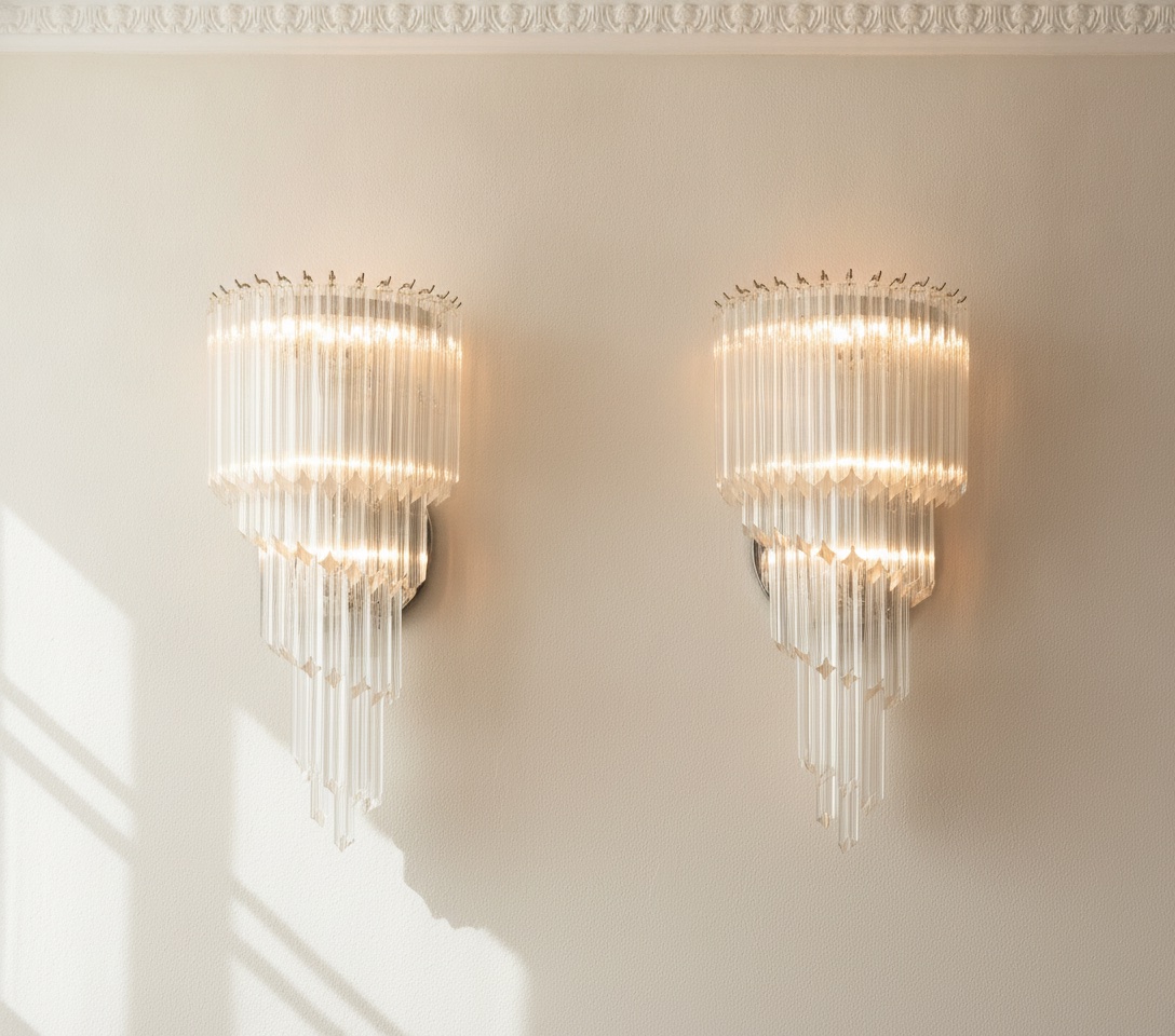 Handblown Murano Quadriedri Wall Sconce – 41 Quadriedri Glass – Set of 2 mounted on the wall