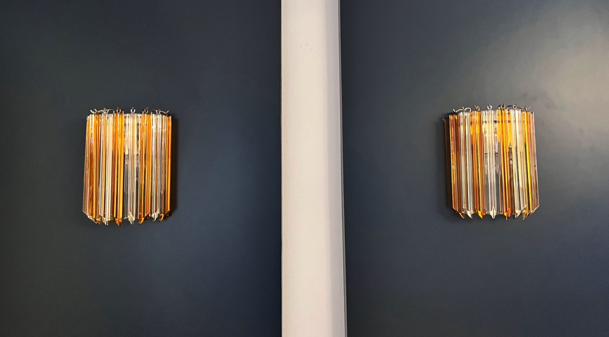 Handblown Murano Quadriedri Wall Sconce – 9 Quadriedri Glass – Set of 2 in transparent-amber glass